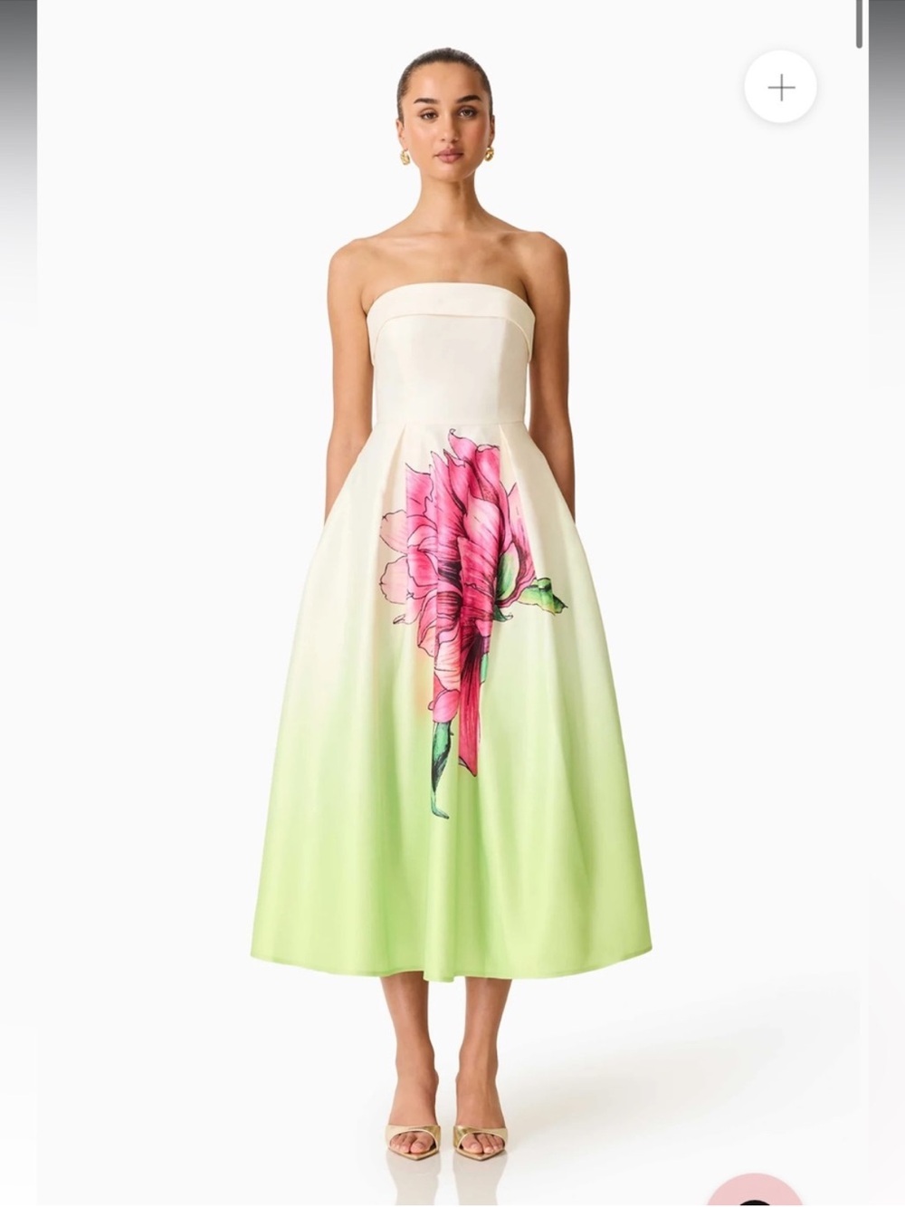 elliatt elisia green & pink floral print strapless satin maxi gown dress small